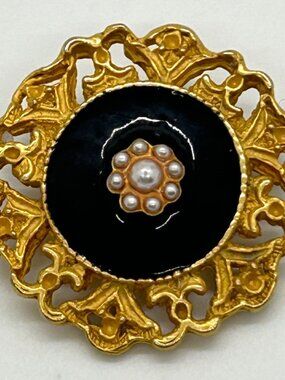 Victorian Revival Brooch Black Enamel Pearl Flower Gold Tone Filigree Pin Gothic
